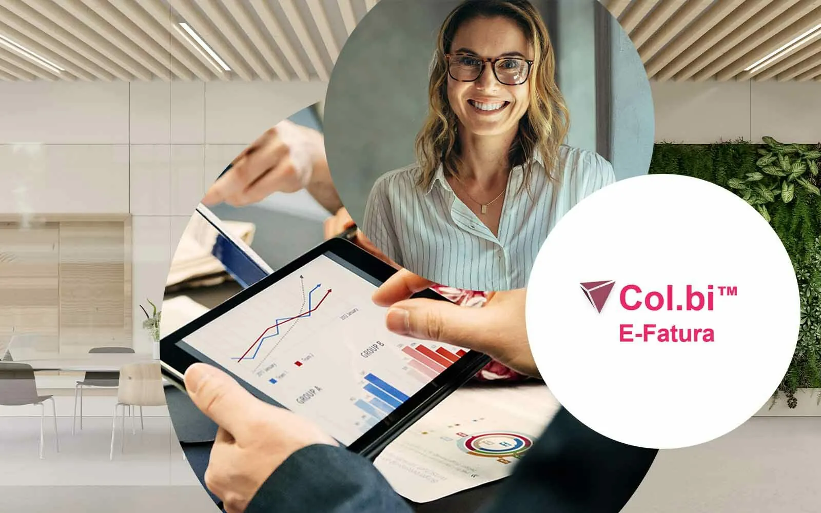 Escritório no fundo, pessoa a analisar dados no tablet, pessoa contente, col.bi efatura, valantic