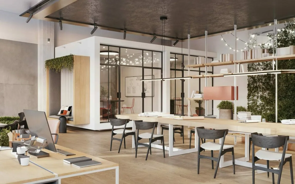 coworking-office-space-1368033467 Coworking office space in 3d. Computer generated image of an open plan office interior with coworking desk.