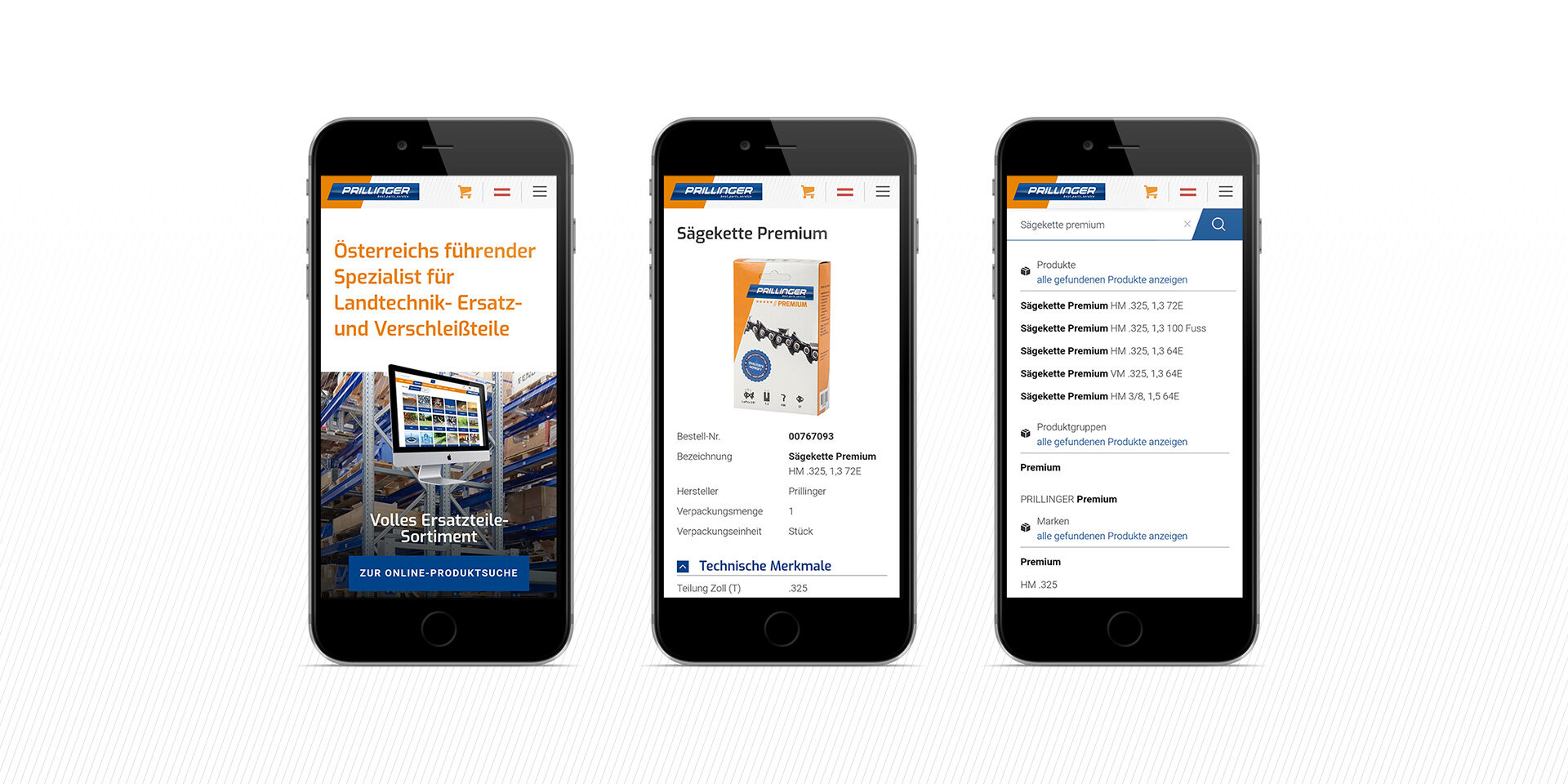 Auf drei Smartphones werden unterschiedliche Bildschirme einer deutschsprachigen Website eines auf landwirtschaftliche Geräte und Ersatzteile spezialisierten Unternehmens angezeigt. Auf den Bildschirmen werden jeweils die Homepage, Produktdetails und eine Produktliste angezeigt.
