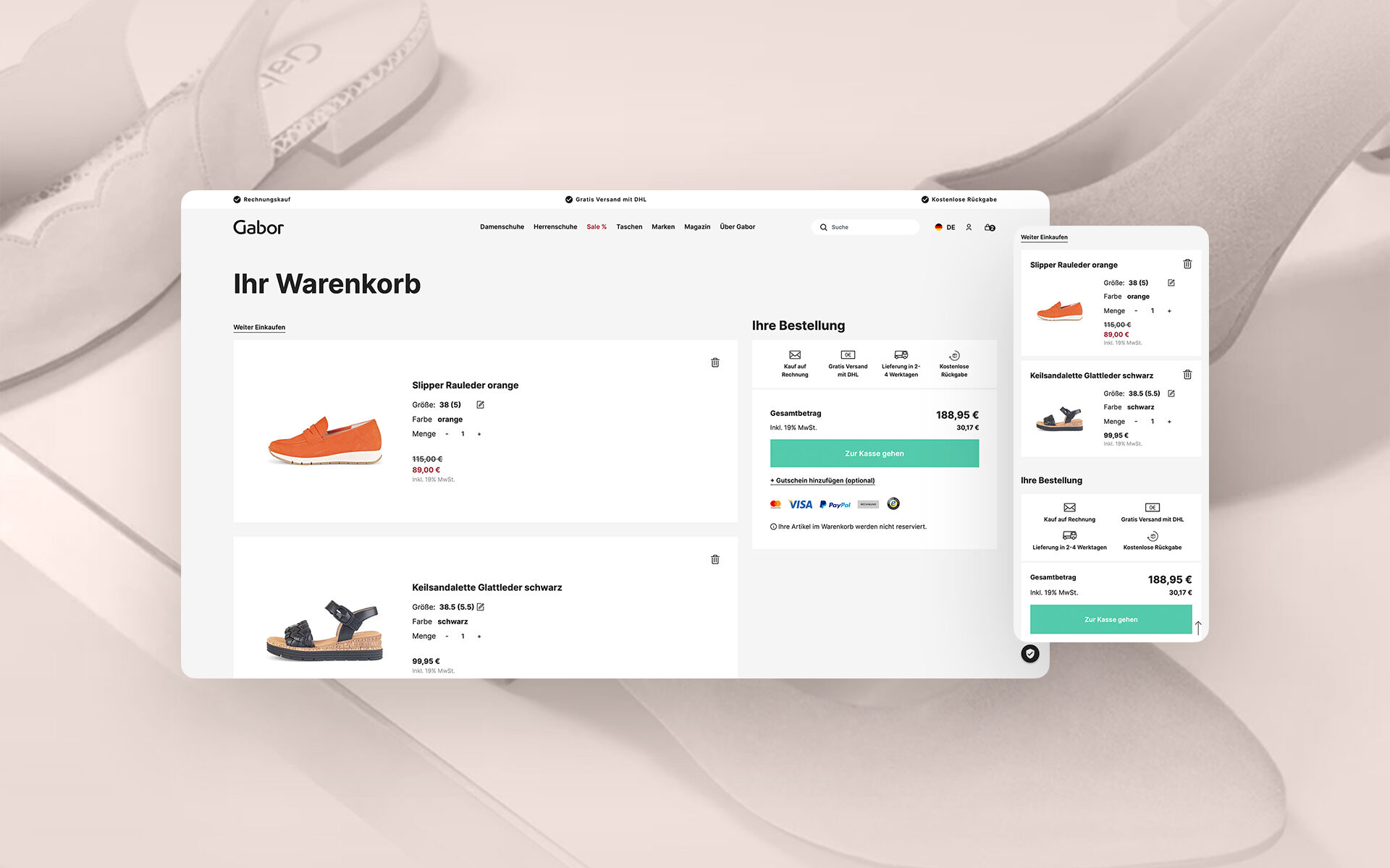 Alles unter einem (digitalen) Dach: der Marketplace für Gabor Screenshot der Gabor-Website: Zu sehen ist der Warenkorb mit zwei Schuhmodellen.