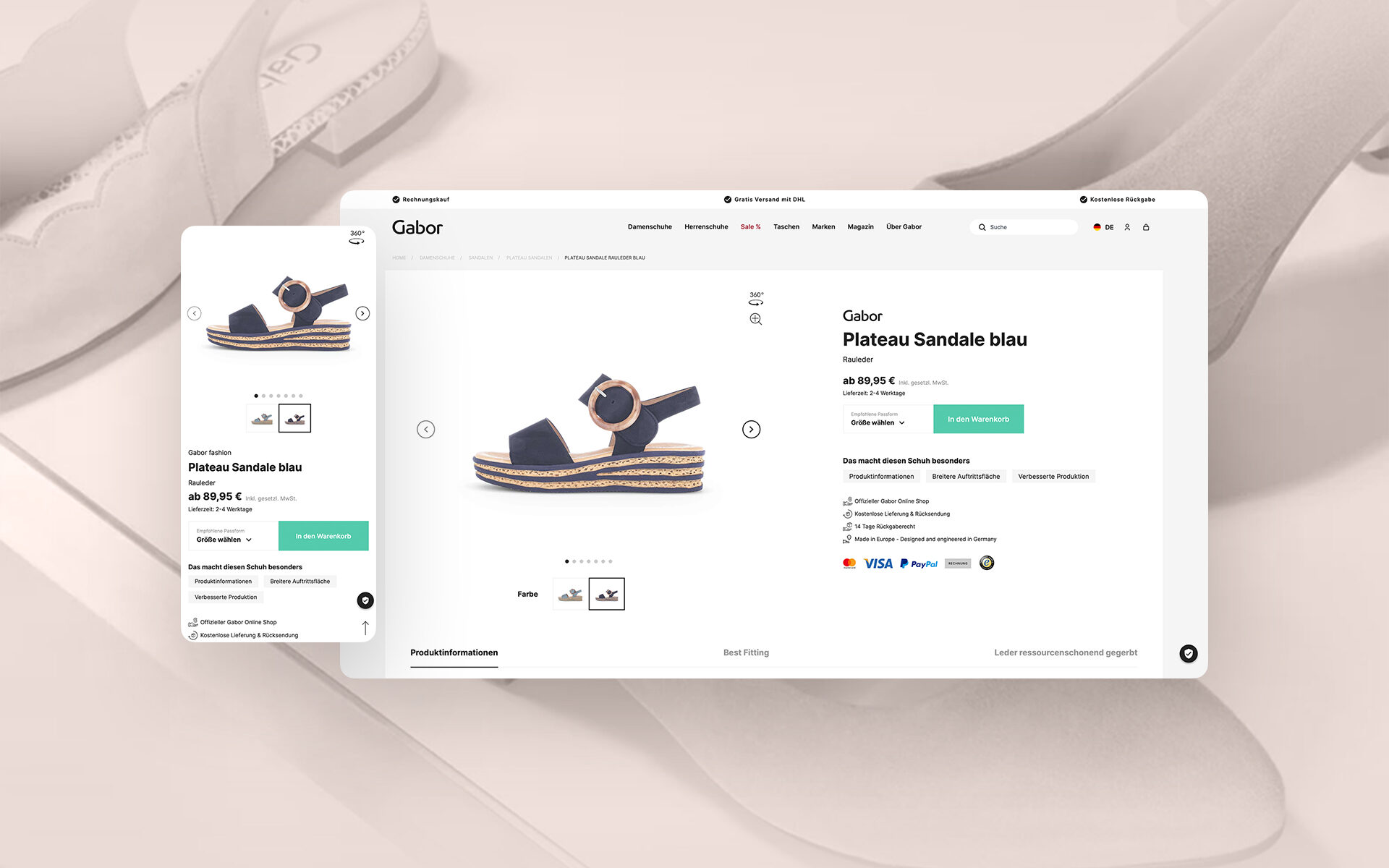 Screenshots der neuen Gabor Website: Zu sehen ist die Produktdetailseite einer blauen Plateau-Sandale.