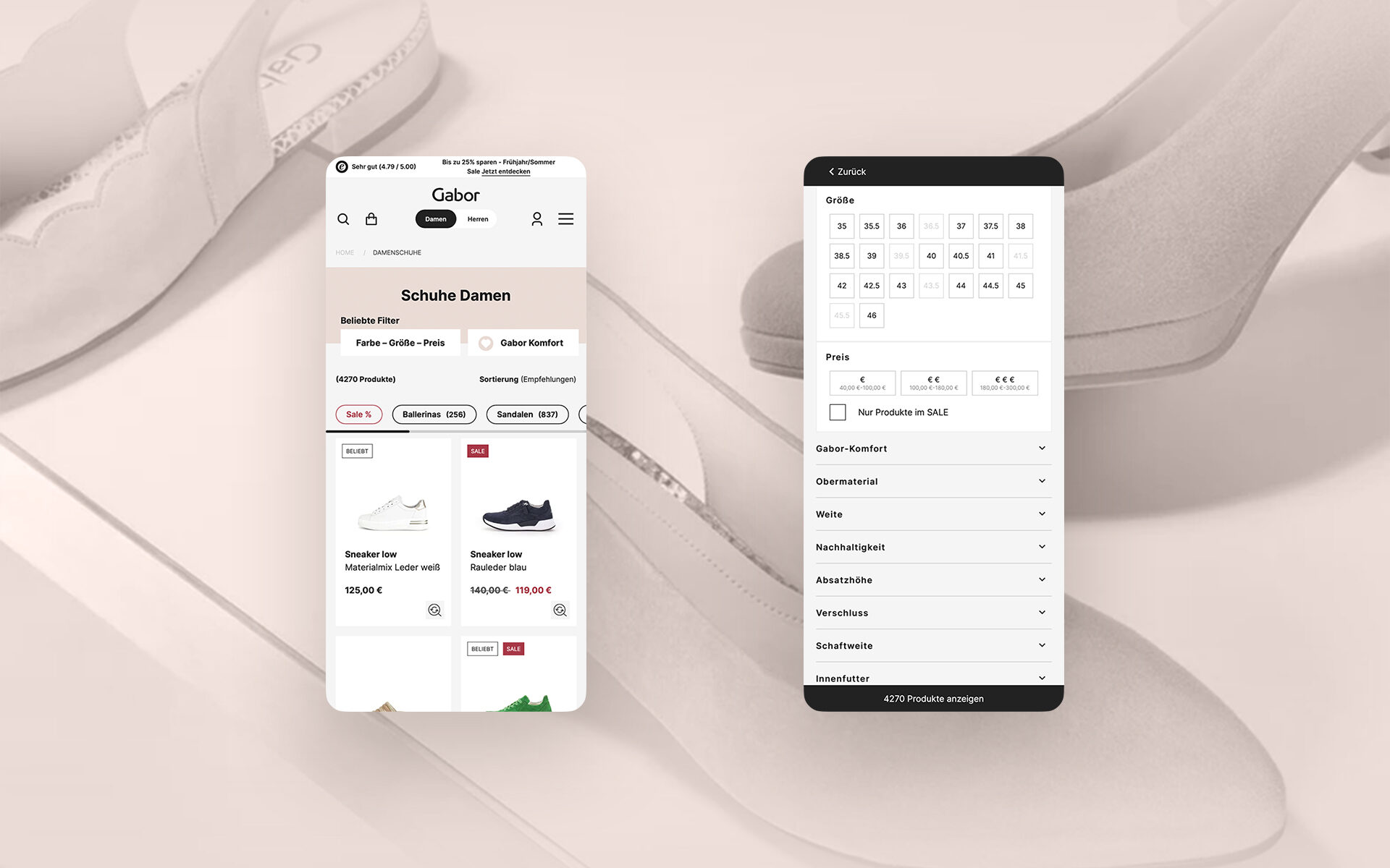 Zwei Screenshots in Smartphone-Größe von der neuen Produktübersichtsseite von Gabor