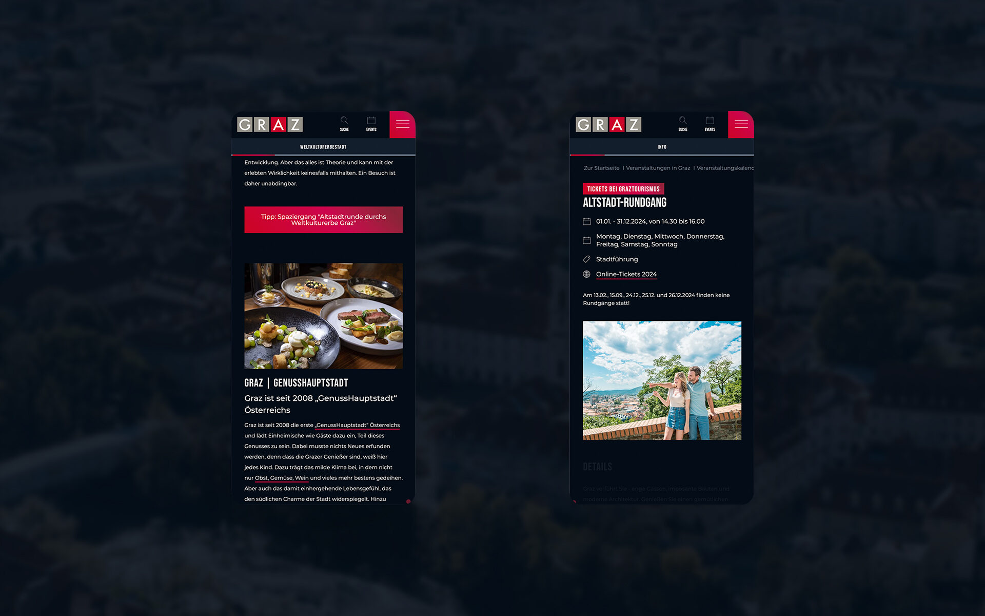 Screenshot der neuen Website von Visit Graz, die valantic Austria entwickelt hat: Zu sehen sind zwei Blogartikel auf Smartphones