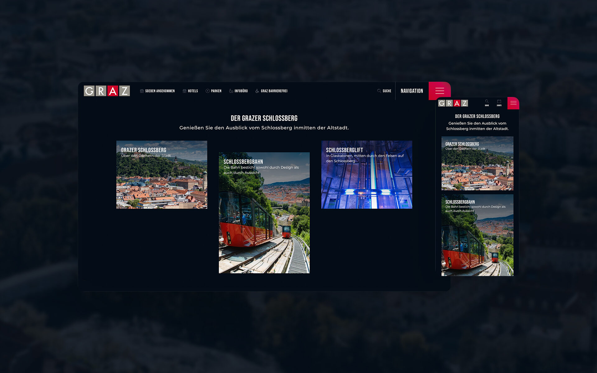 Screenshot der neuen Website von Visit Graz, die valantic Austria entwickelt hat: Zu sehen sich Teaser, die zum Grazer Schlossberg führen.