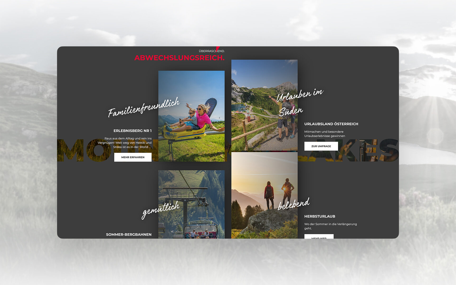 valantic-showcase-mockup-d-14 Screenshot der neuen Nassfeld-Website. Zu sehen sind mehrere Kachen wo User zwischen den Themen Kulinarik, Winter, Simmer und Familie wählen können.