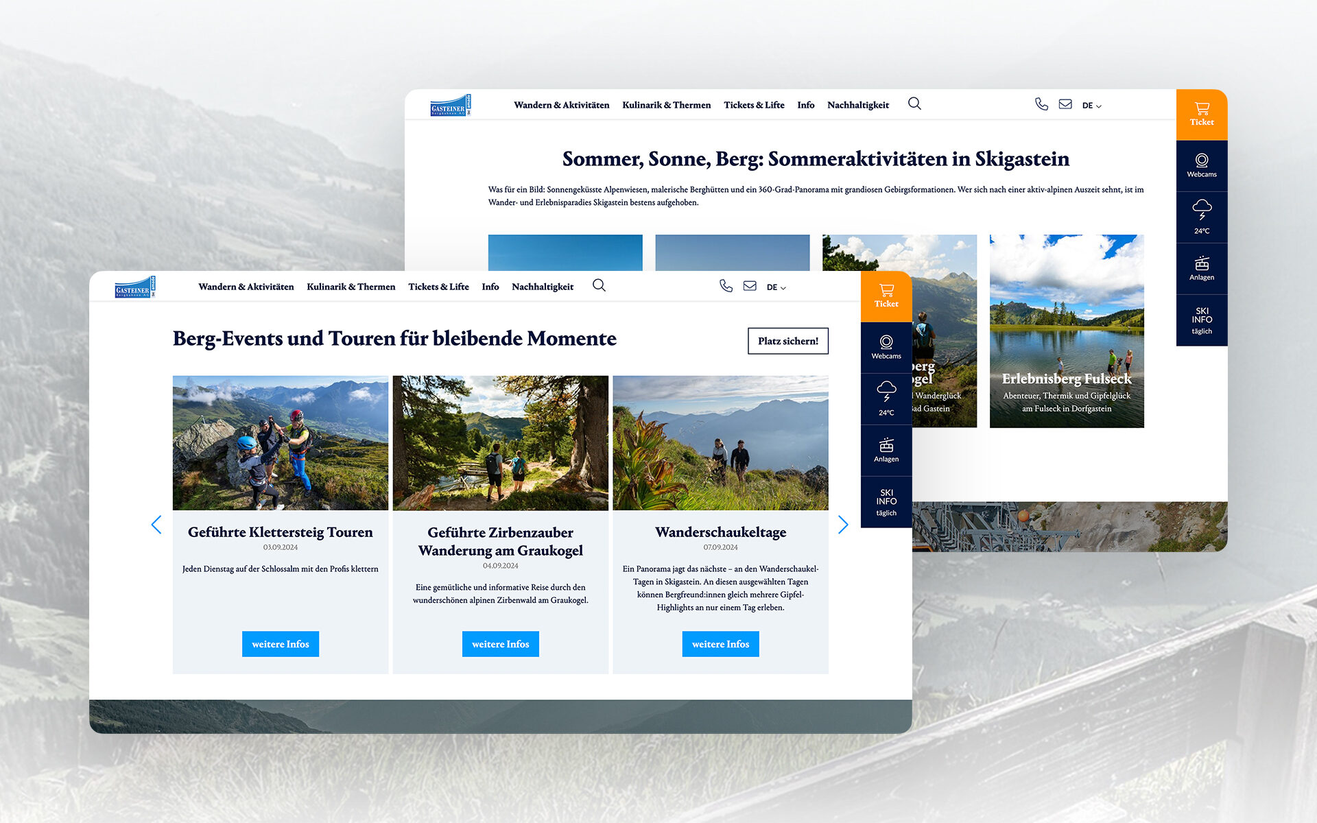 Die neue Website fängt das Flair von Skigastein perfekt ein. Screenshot der neuen Website von Skigastein. Zu sehen ist die Nachhaltigkeitsseite mit mehreren Teasern.