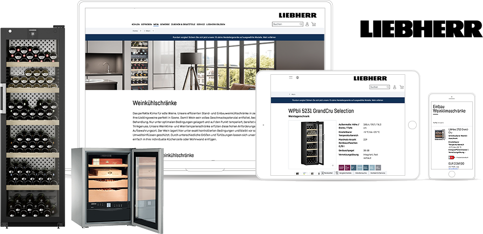 referenzen-liebherr-mockup_EN Image featuring various Liebherr wine refrigeration units and devices displaying Liebherr's website on a computer, tablet, and smartphone. The Liebherr logo is prominently visible, showcasing their integration with Adobe Commerce for a seamless shopping experience.