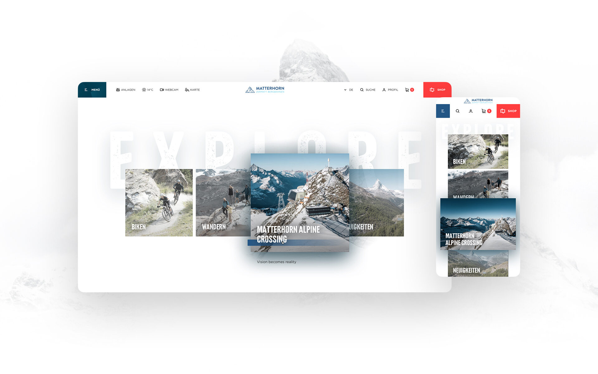 Mockup of Zermatt Bergbahnen AG showing the different categories offered on the website.