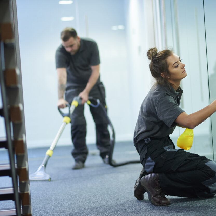 commercial cleaning contractors eine weibliche Reinigungskraft poliert die Glastrennwände in den Büros, während im Hintergrund ein männlicher Kollege einen Büroteppich in einem leeren Büro zwischen den Mietern mit Dampf reinigt. Die Frau lächelt in die Kamera.