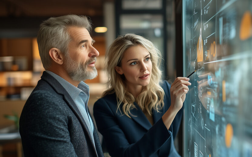 Zwei Personen, ein Mann mit grauem Haar und Bart sowie eine blonde Frau, stehen vor einem digitalen Display mit interaktiven Grafiken und Diagrammen. Die Frau zeigt mit einem Stift auf das Display, während der Mann nachdenklich schaut.