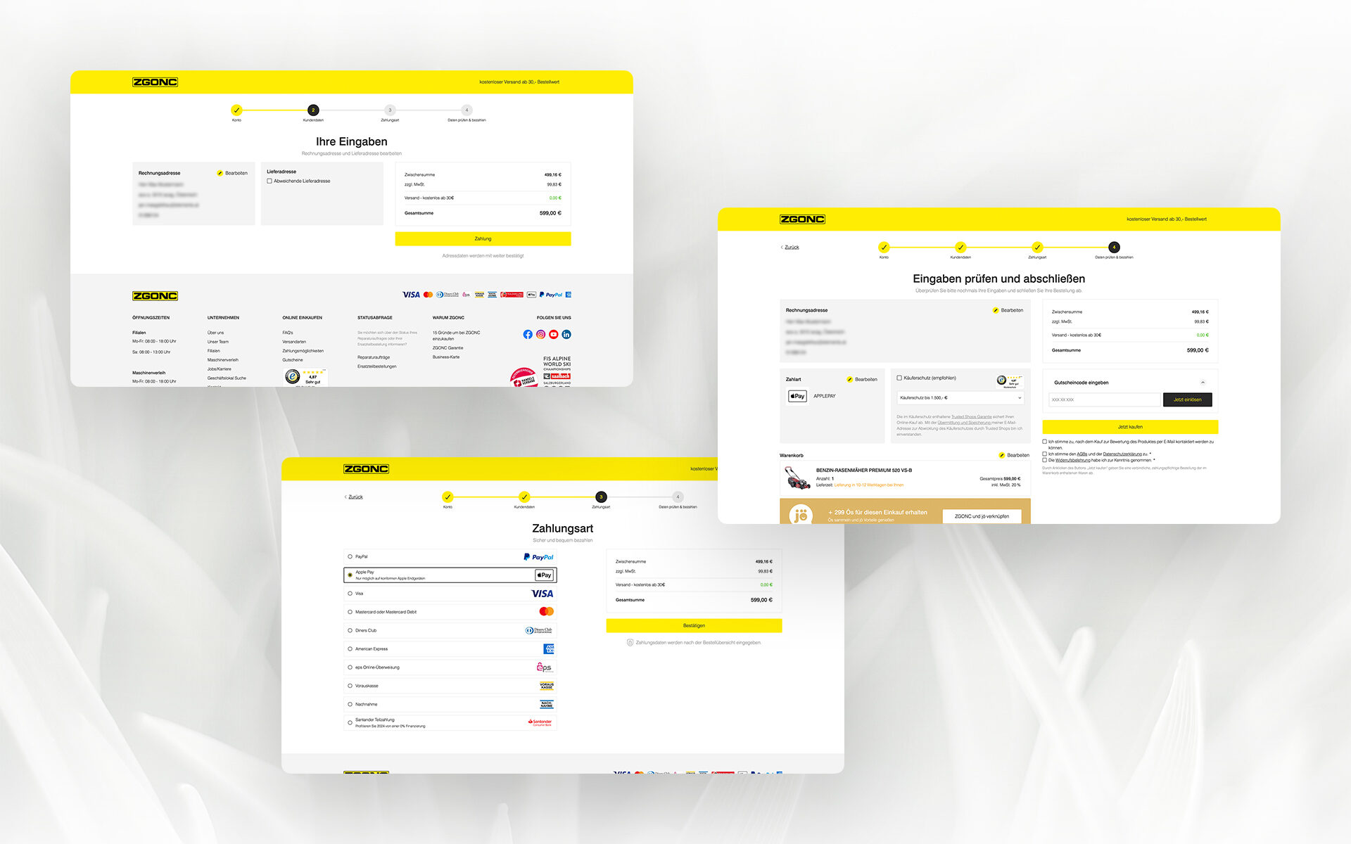 Benutzerfreundlicher Checkout-Prozess im ZGONC-Onlineshop mit Auswahl der Zahlungsart, Überprüfung der Bestellung und Eingabe von Rechnungs- und Lieferadresse.