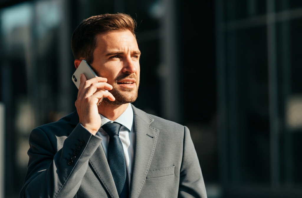 Geschäftsmann am Telefonieren Ein Mann im Anzug steht vor einem modernen Gebäude und führt wichtige Gespräche über sein Handy.