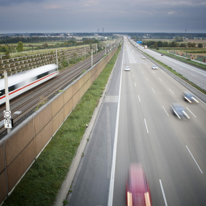 German autobahn - view from a bridge at dusk, motion blur German autobahn - view from a bridge at dusk, motion blur
