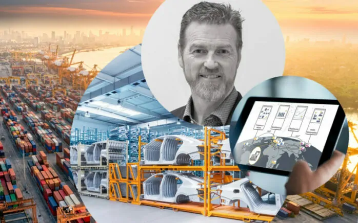 Bild von Ingo Hauptmann, Segmentleiter Lieferantenmanagement bei valantic Supply Chain Excellence, daneben ein iPad sowie Autoteile in einem Lager, im Hintergrund ein Industriehafen mit Containern