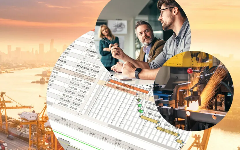 Bild von drei Personen, die etwas besprechen, daneben Bild von einer Maschine und dahinter ein Screenshot aus der wayPRO Software und ein Bild von einem Hafen mit Containern, valantic Projektmanagement mit wayPRO