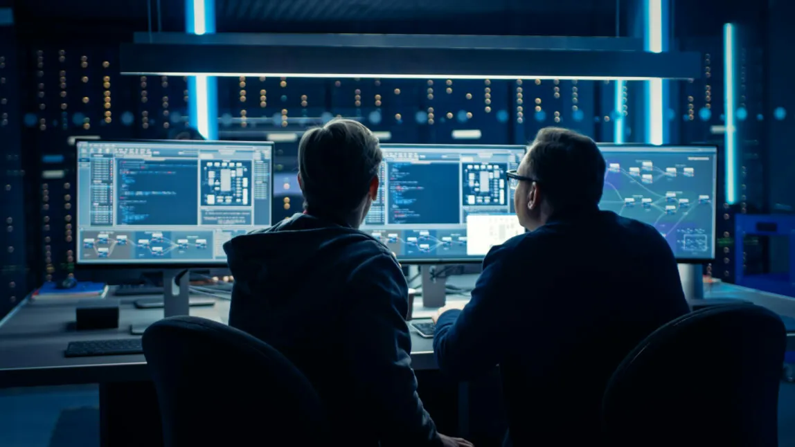 IT-Sicherheit und Datenschutz, Data Center mit Server-Racks Bild von zwei IT-Programmierern, Data Center mit Server-Racks, IT-Sicherheit und Datenschutz