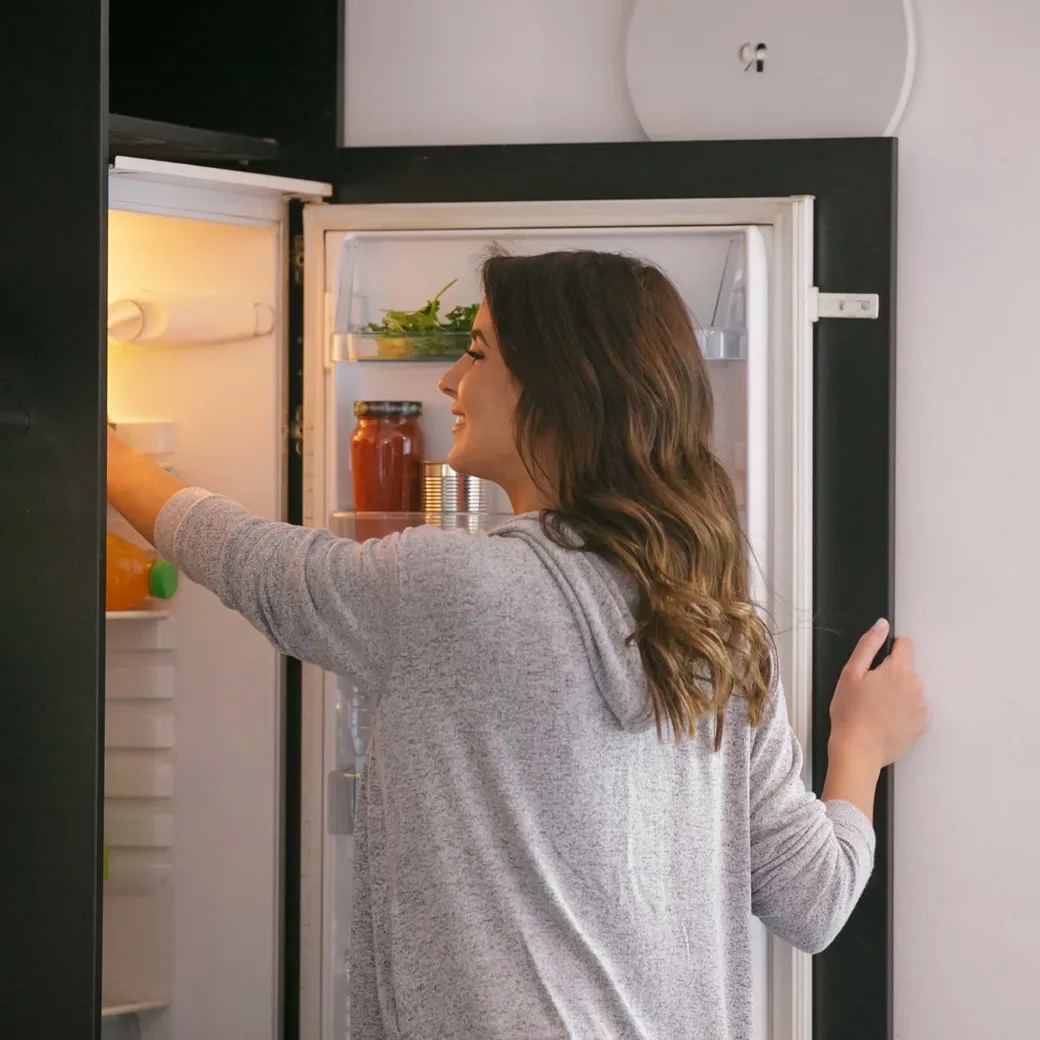Woman by the open fridge Woman by the open fridge